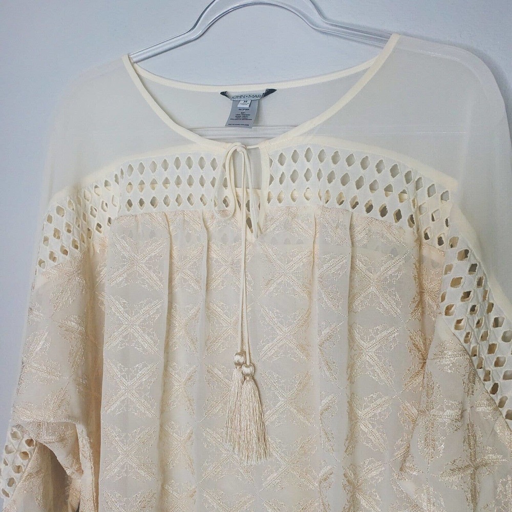 John Mark Womens Embroidered Keyhole Tie Up Neck Fold Up Cuff Sleeve Tunic Top M - Picture 2 of 11